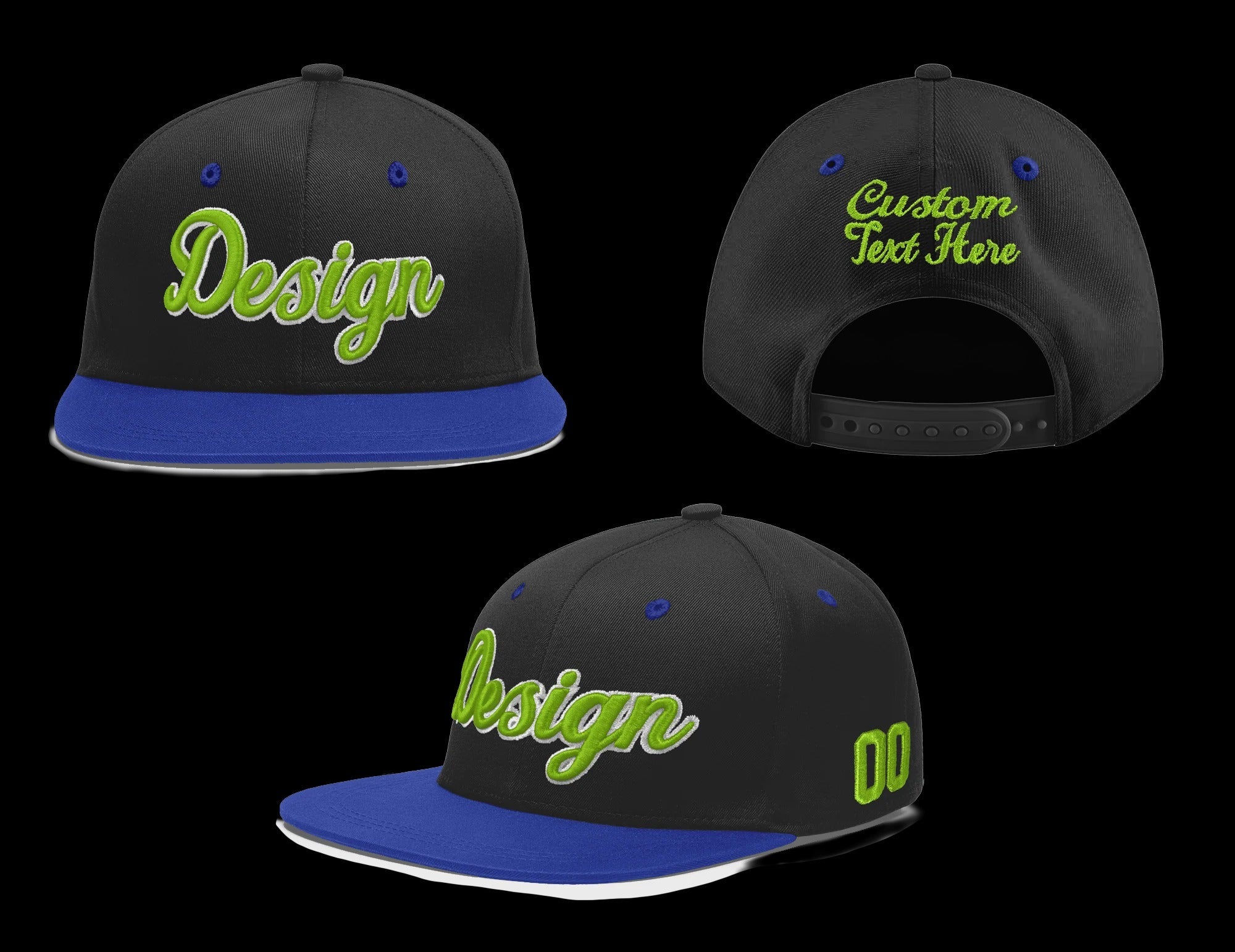 Custom Black Royal Blue 3D Puff Embroidery Flat Embroidery Casual Sport Baseball Cap