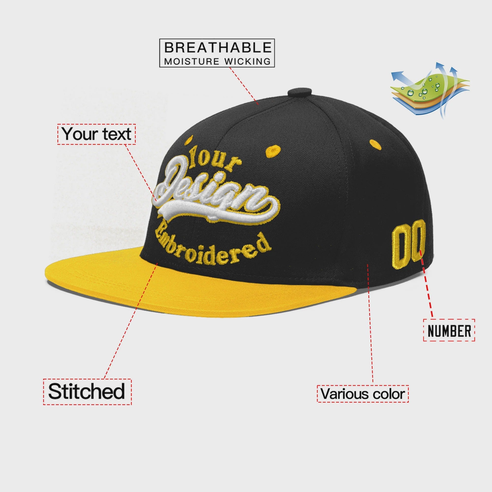 Custom Black Gold 3D Puff Embroidery Flat Embroidery Casual Sport Baseball Cap