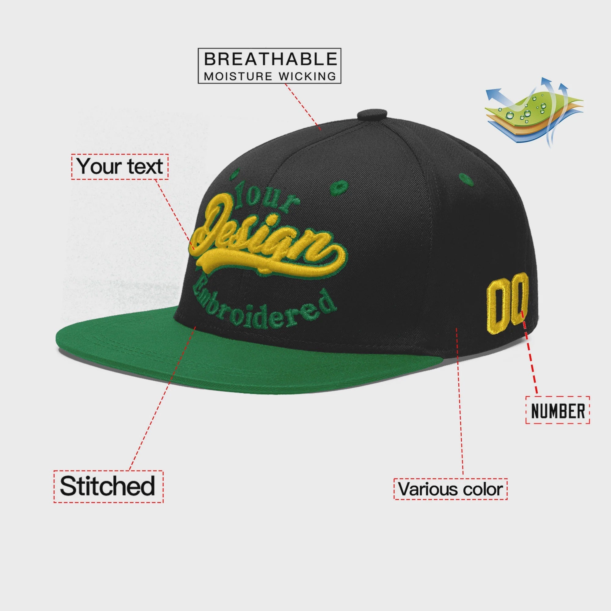 Custom Black Kelly Green 3D Puff Embroidery Flat Embroidery Casual Sport Baseball Cap