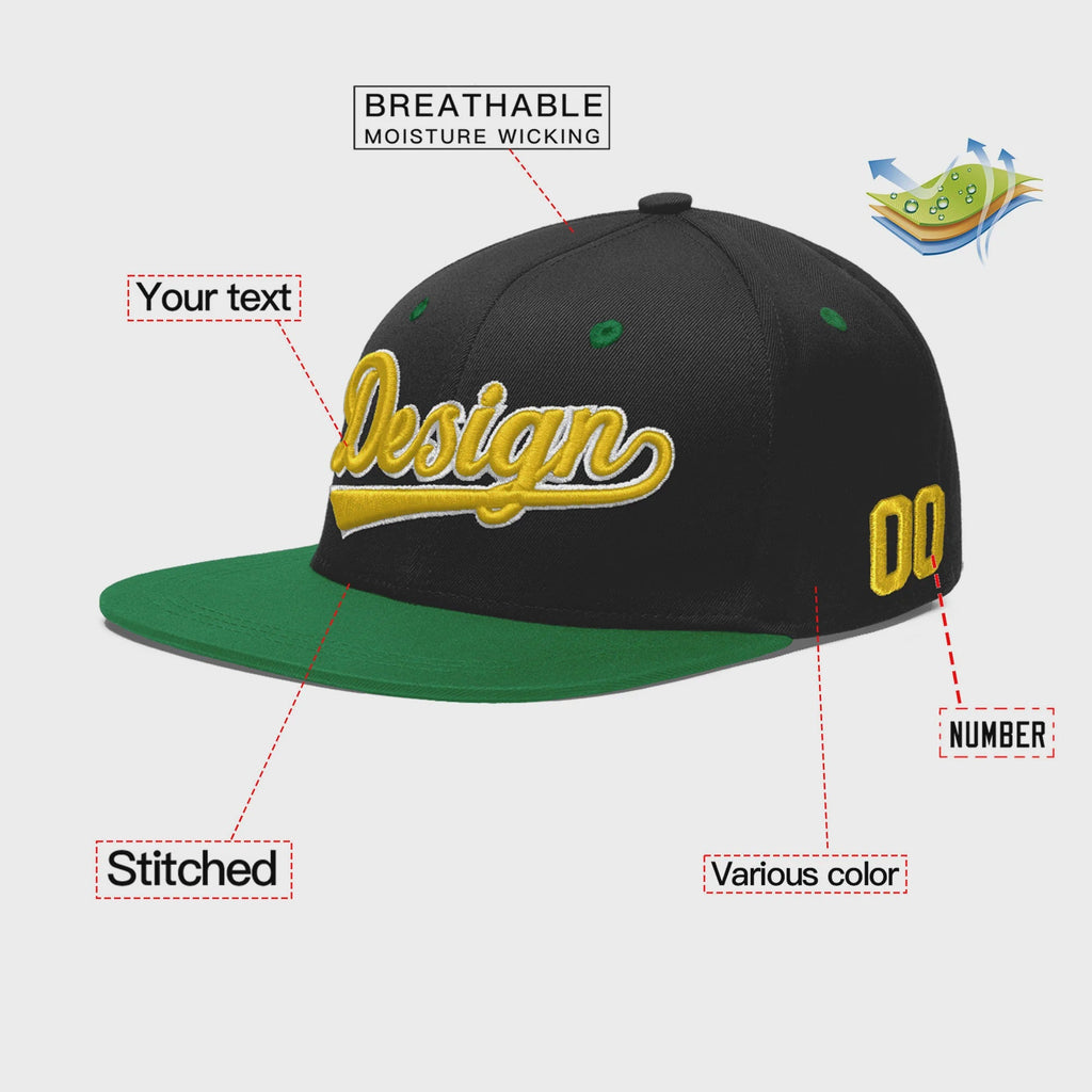 Custom Black Kelly Green 3D Puff Embroidery Flat Embroidery Casual Sport Baseball Cap