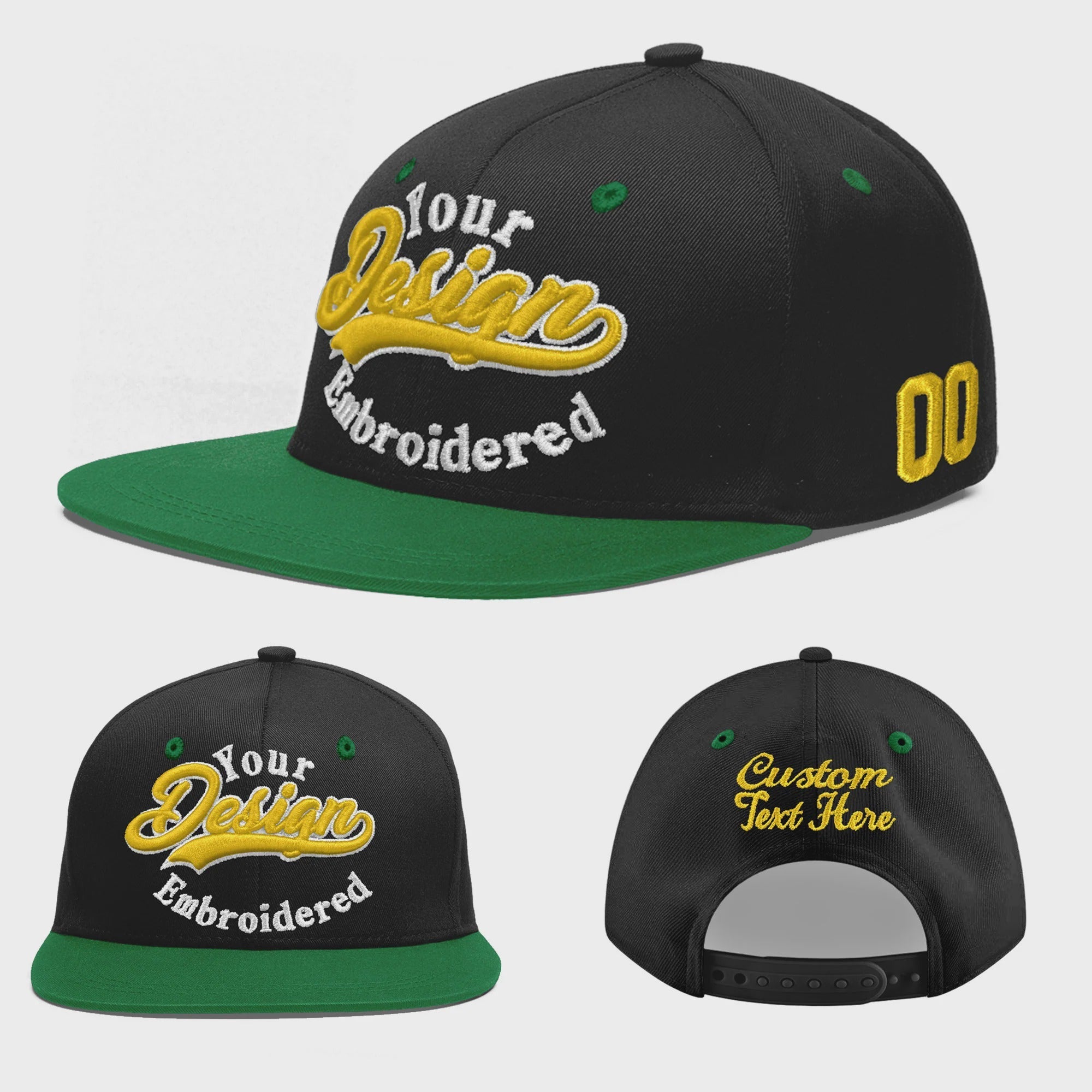 Custom Black Kelly Green 3D Puff Embroidery Flat Embroidery Casual Sport Baseball Cap