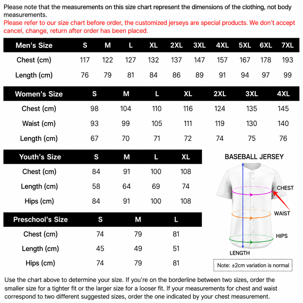 A size chart table for a baseball jersey showing measurements for Men's Size, Women's Size, Youth's Size, and Preschool's Size in centimeters and inches. A small white jersey graphic appears on the right with labeled areas for chest, length, waist, and hips.