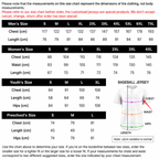 A size chart table for a baseball jersey showing measurements for Men's Size, Women's Size, Youth's Size, and Preschool's Size in centimeters and inches. A small white jersey graphic appears on the right with labeled areas for chest, length, waist, and hips.