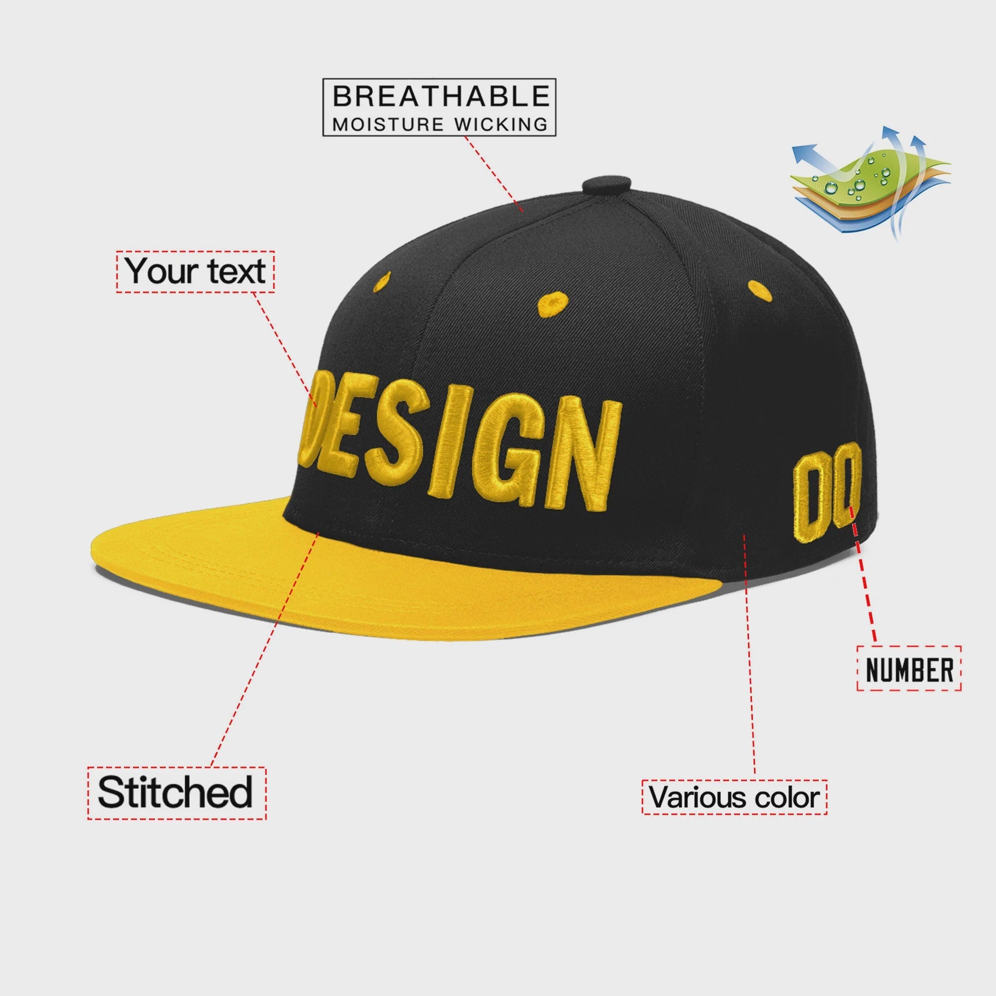 Custom Black Gold 3D Puff Embroidery Flat Embroidery Casual Sport Baseball Cap