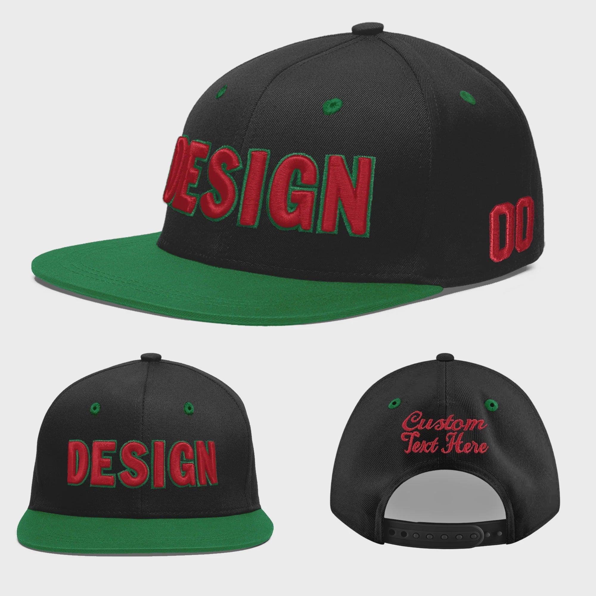 Custom Black Kelly Green 3D Puff Embroidery Flat Embroidery Casual Sport Baseball Cap