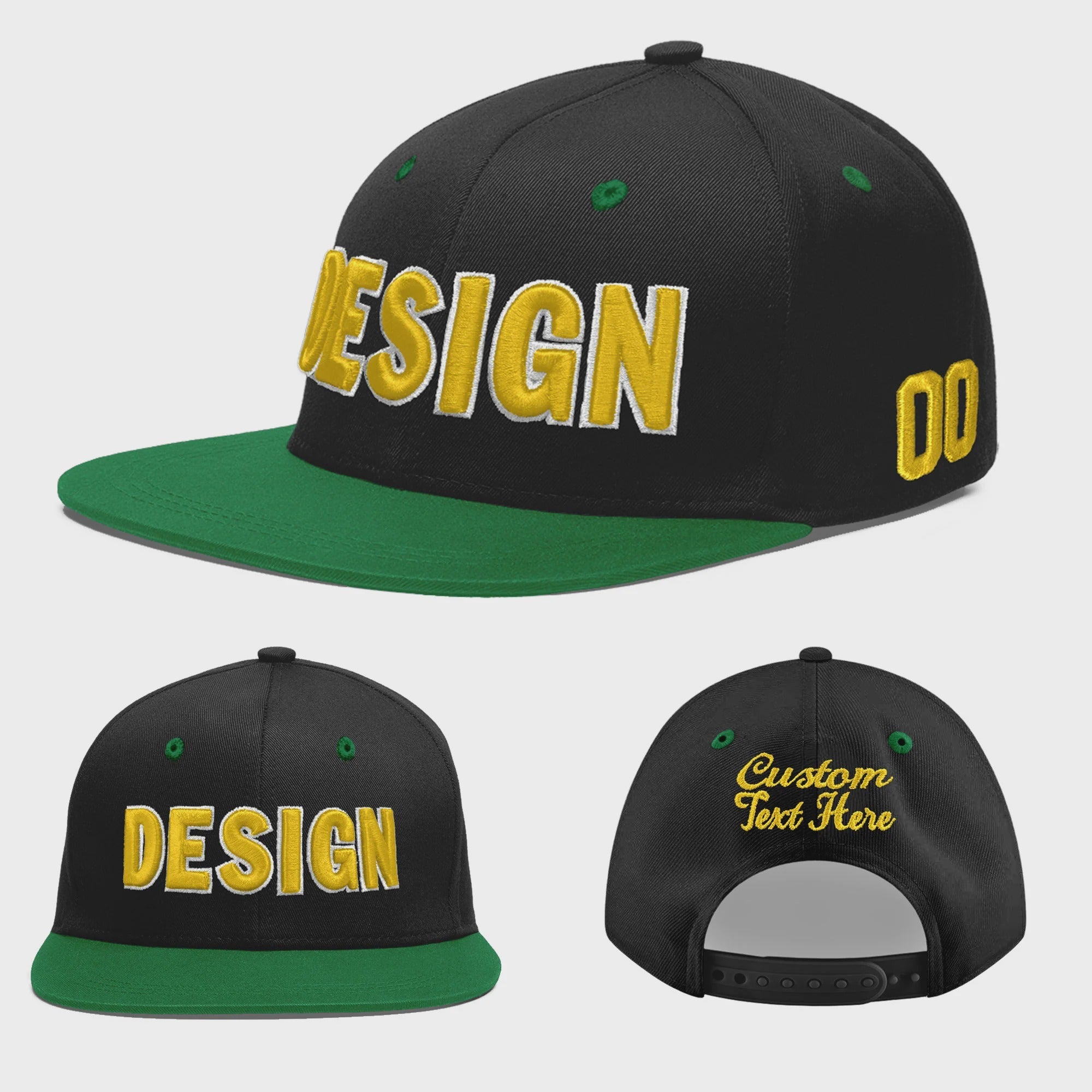 Custom Black Kelly Green 3D Puff Embroidery Flat Embroidery Casual Sport Baseball Cap