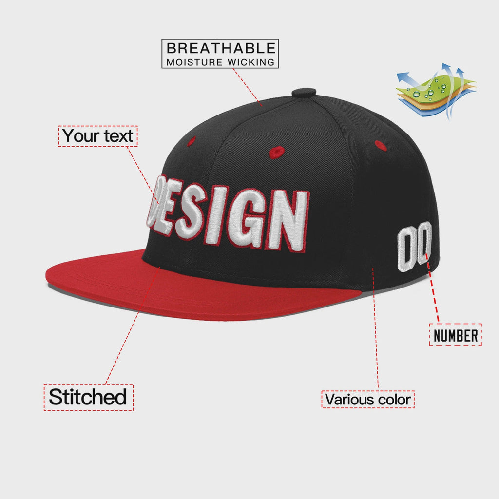 Custom Black Red 3D Puff Embroidery Flat Embroidery Casual Sport Baseball Cap
