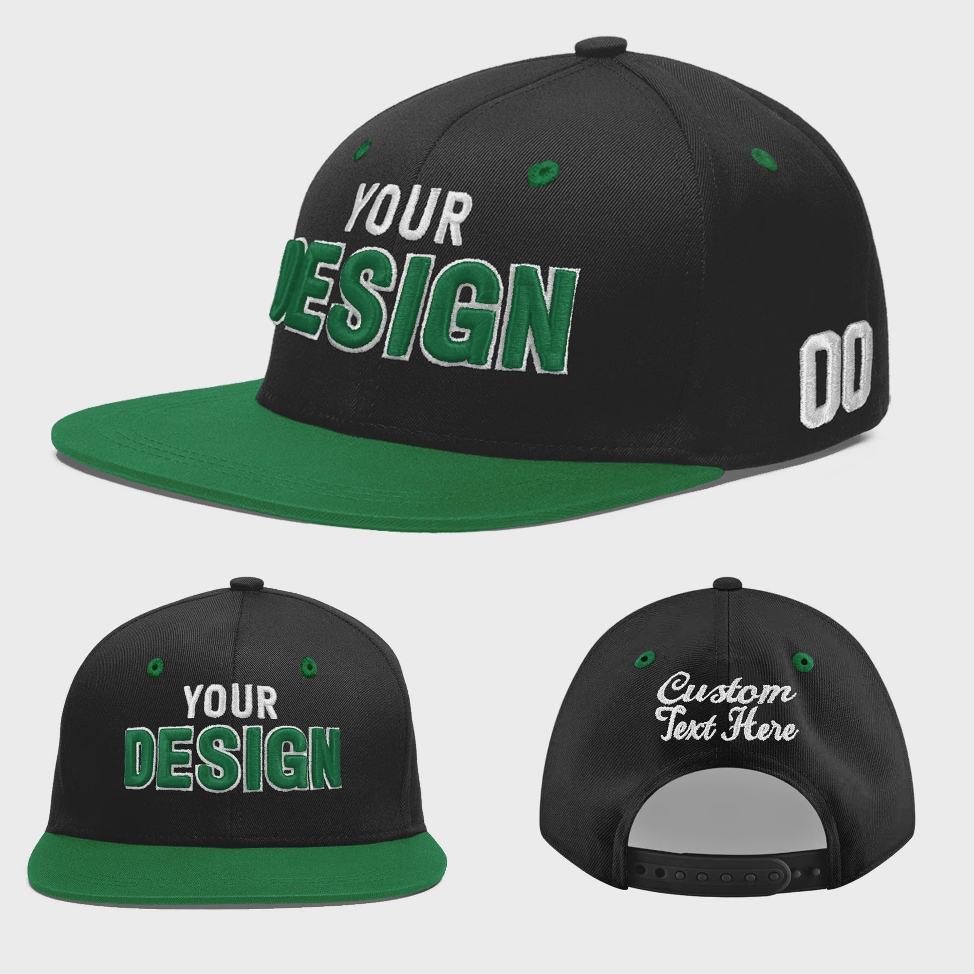 Custom Black Kelly Green 3D Puff Embroidery Flat Embroidery Casual Sport Baseball Cap