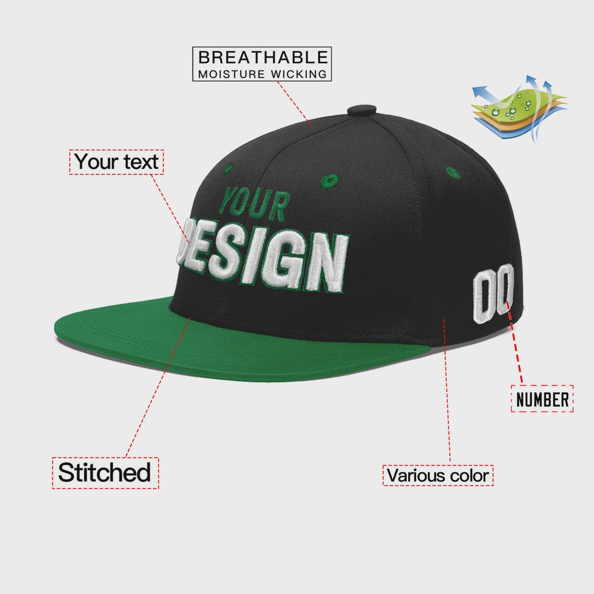 Custom Black Kelly Green 3D Puff Embroidery Flat Embroidery Casual Sport Baseball Cap