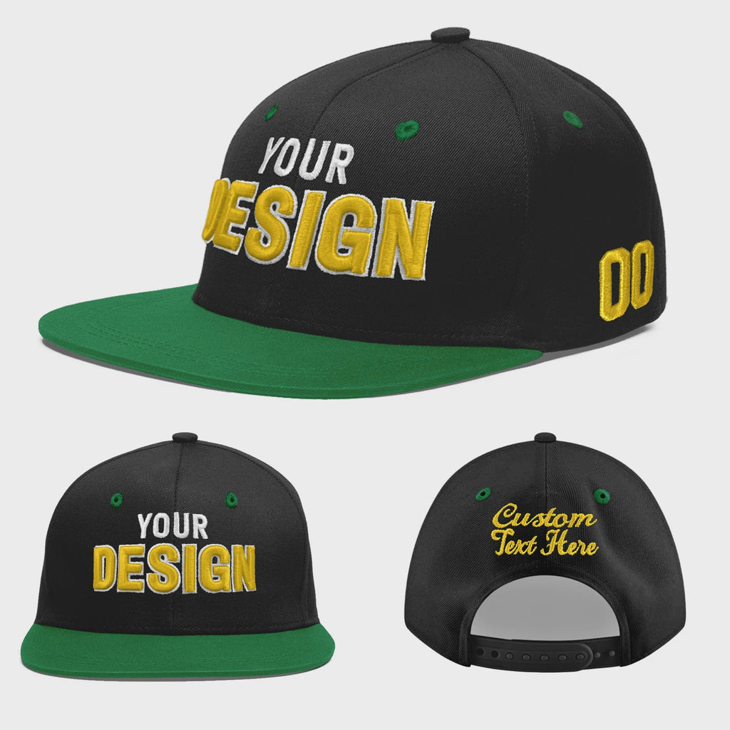 Custom Black Kelly Green 3D Puff Embroidery Flat Embroidery Casual Sport Baseball Cap