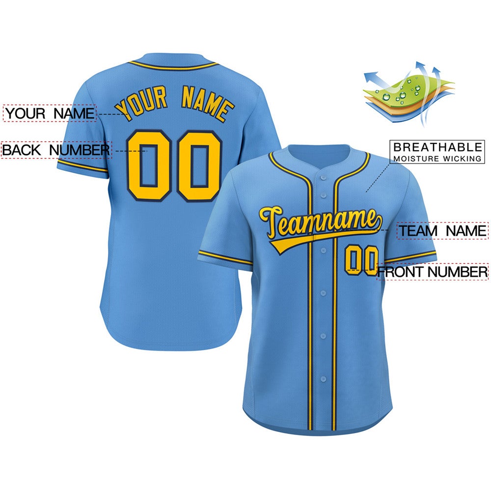 Custom Light Blue Gold-Navy Classic Style Authentic Baseball Jersey Secondary image