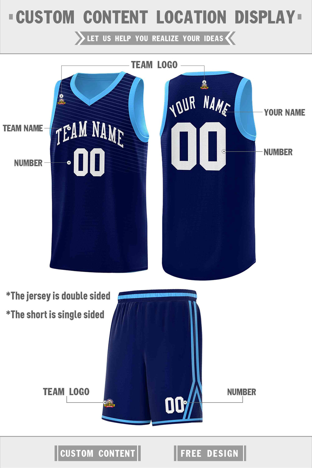 Custom Royal Blue Light Blue Chest Slash Patttern Double Side Sports Uniform Basketball Jersey