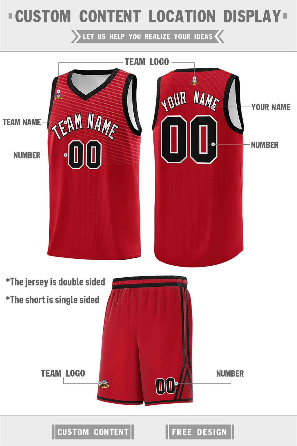 Custom Red White Chest Slash Patttern Double Side Sports Uniform Basketball Jersey
