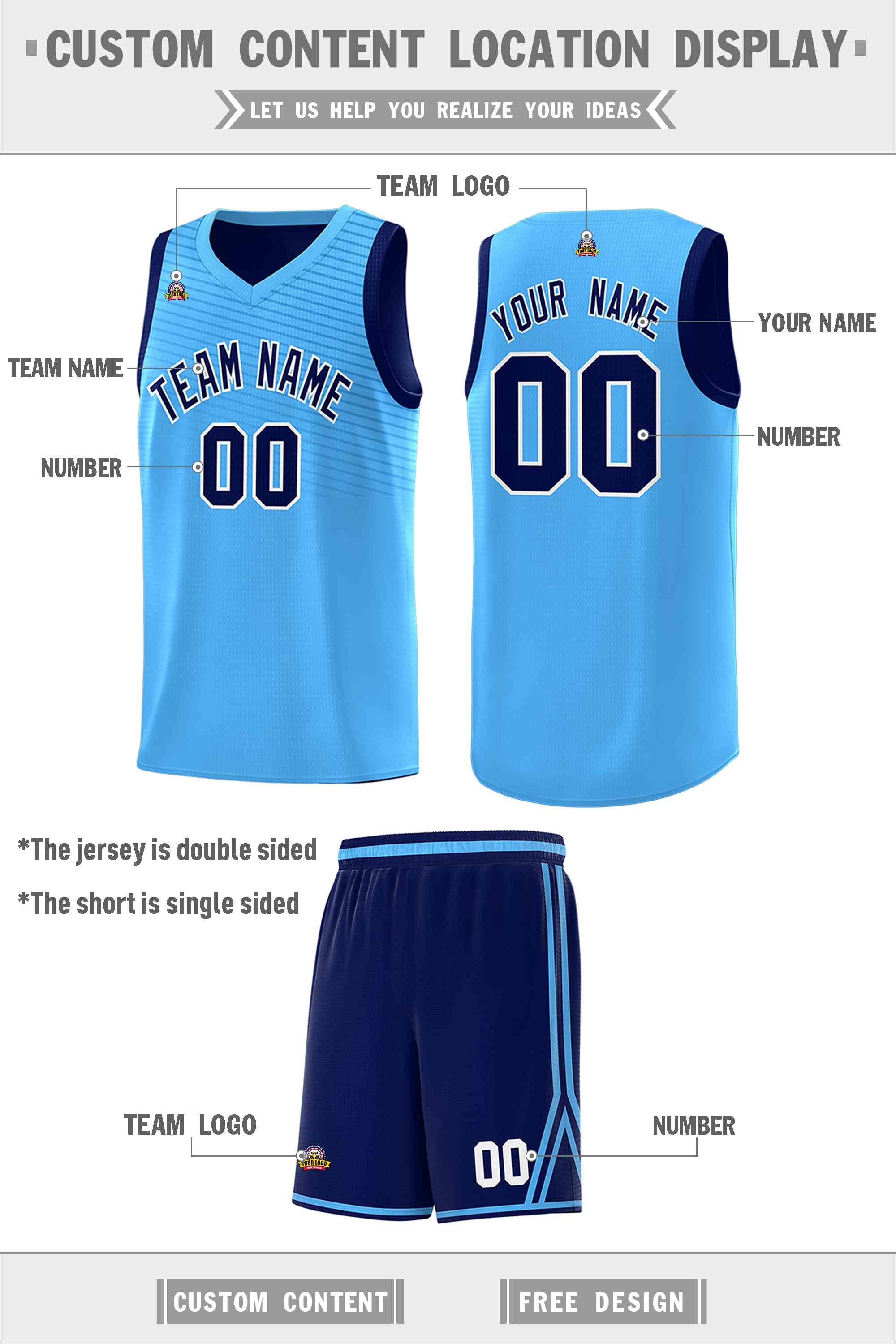 Custom Royal Blue Light Blue Chest Slash Patttern Double Side Sports Uniform Basketball Jersey