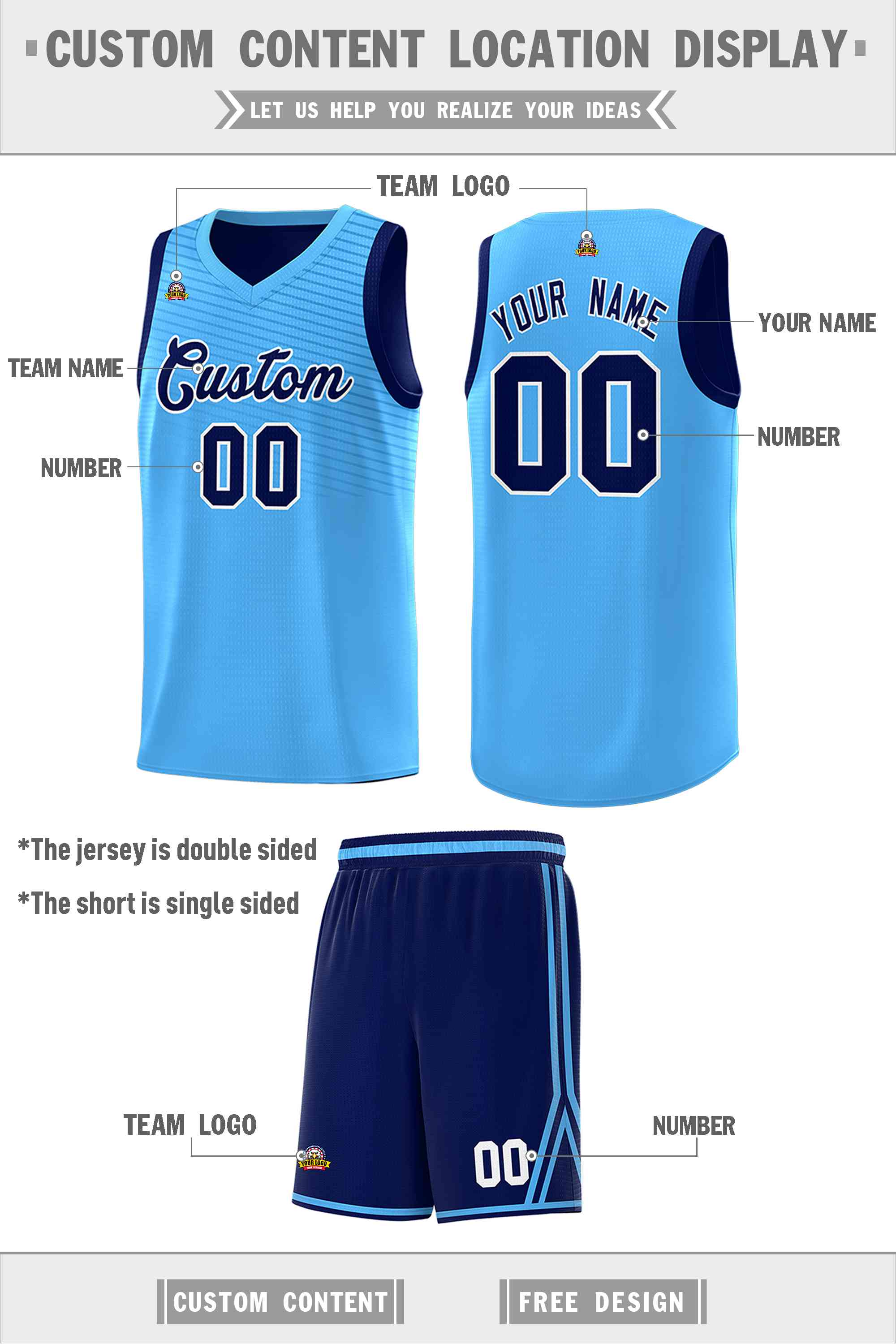 Custom Royal Blue Light Blue Chest Slash Patttern Double Side Sports Uniform Basketball Jersey