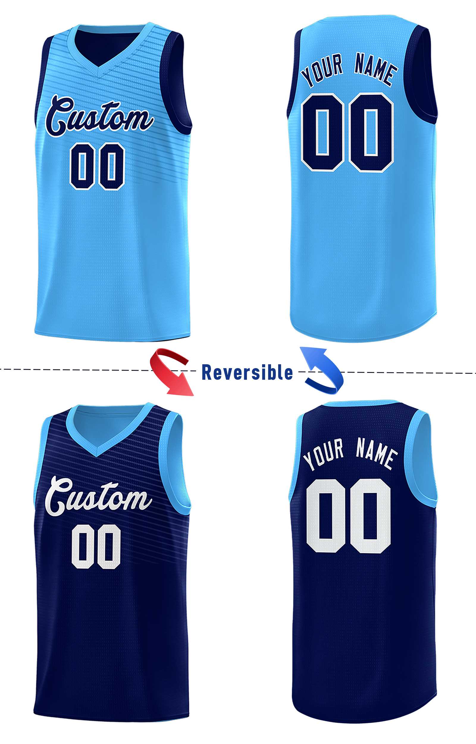 Custom Royal Blue Light Blue Chest Slash Patttern Double Side Sports Uniform Basketball Jersey
