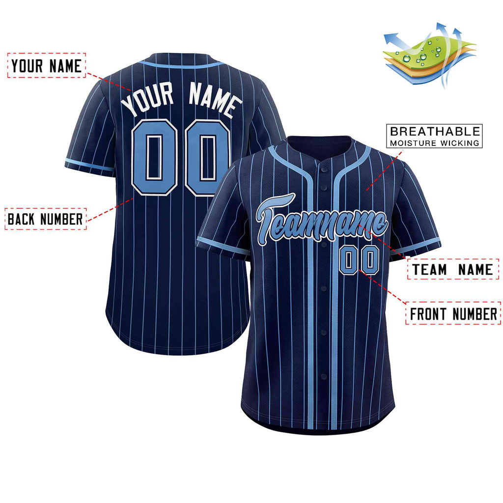 Custom Navy Light Blue Stripe Fashion Design Full Button Authentic Baseball Jersey