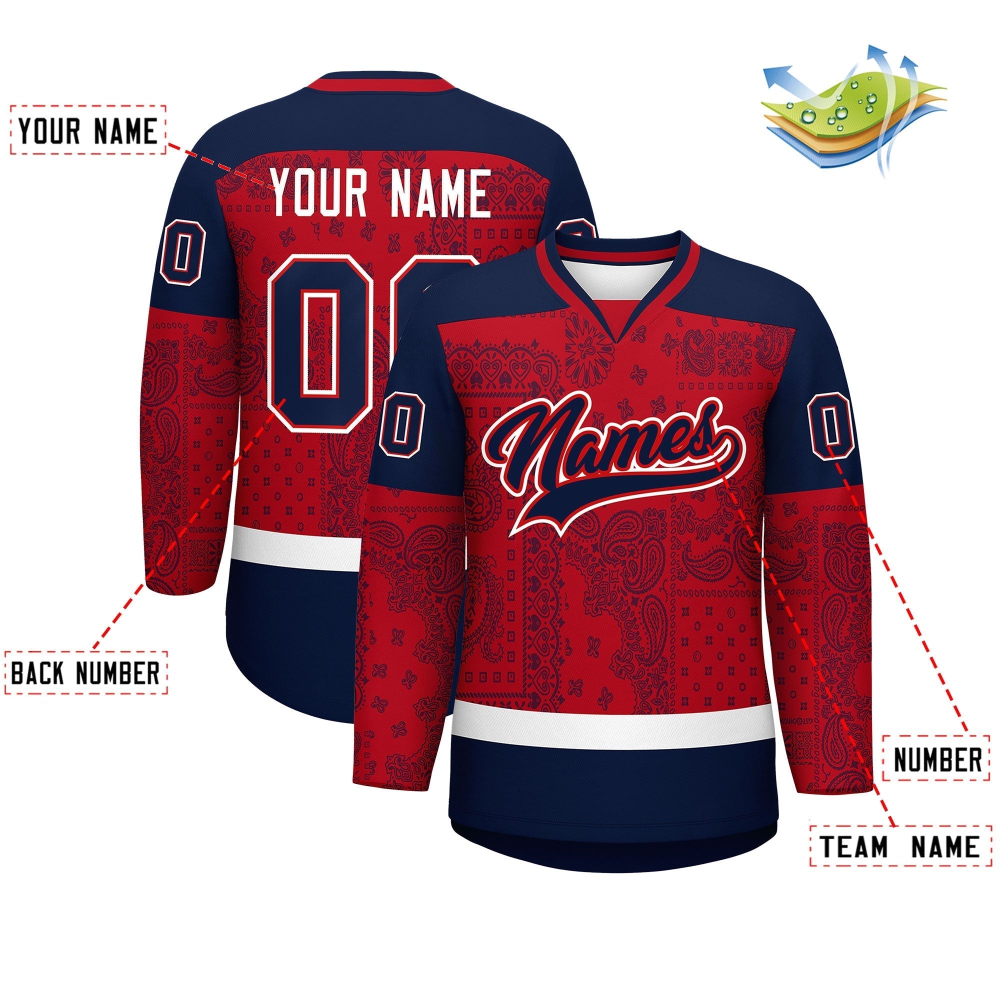 Custom Navy Red White Cashew Flower Graffiti Pattern V-Neck Hockey Jersey