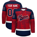 Custom Navy Red White Cashew Flower Graffiti Pattern V-Neck Hockey Jersey