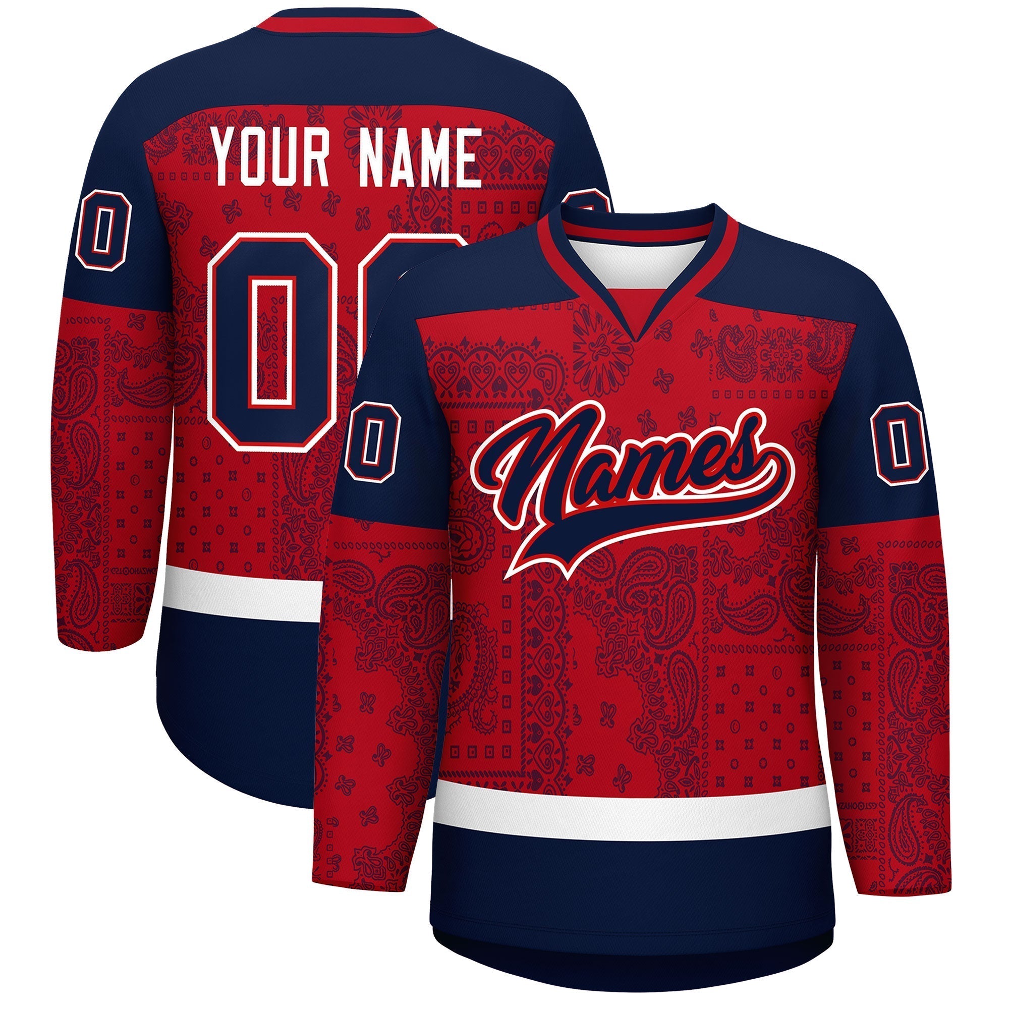 Custom Navy Red White Cashew Flower Graffiti Pattern V-Neck Hockey Jersey