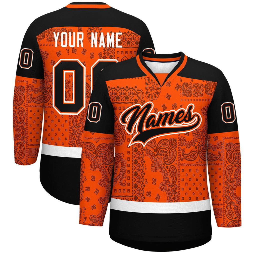 Custom Orange Black White Cashew Flower Graffiti Pattern V-Neck Hockey Jersey