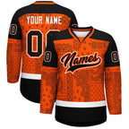 Custom Orange Black White Cashew Flower Graffiti Pattern V-Neck Hockey Jersey