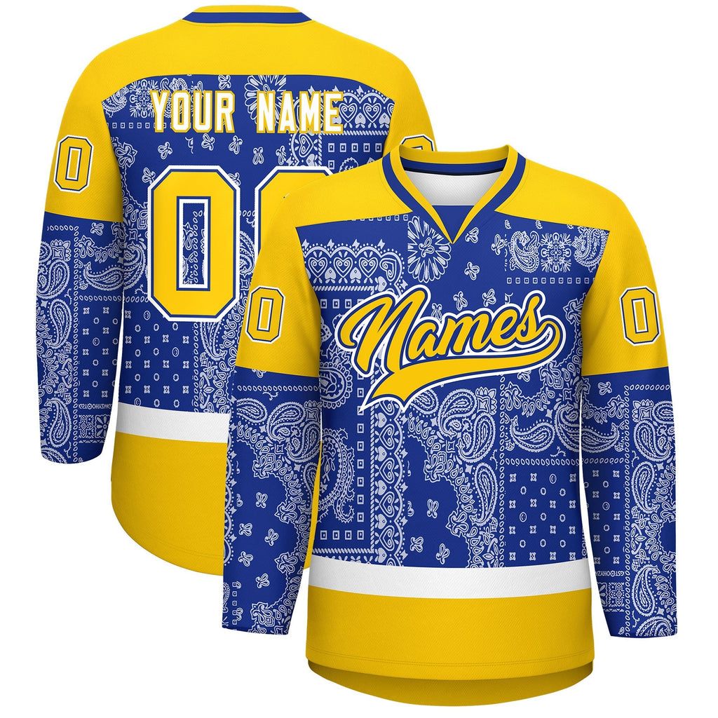 Custom Gold Royal White Cashew Flower Graffiti Pattern V-Neck Hockey Jersey