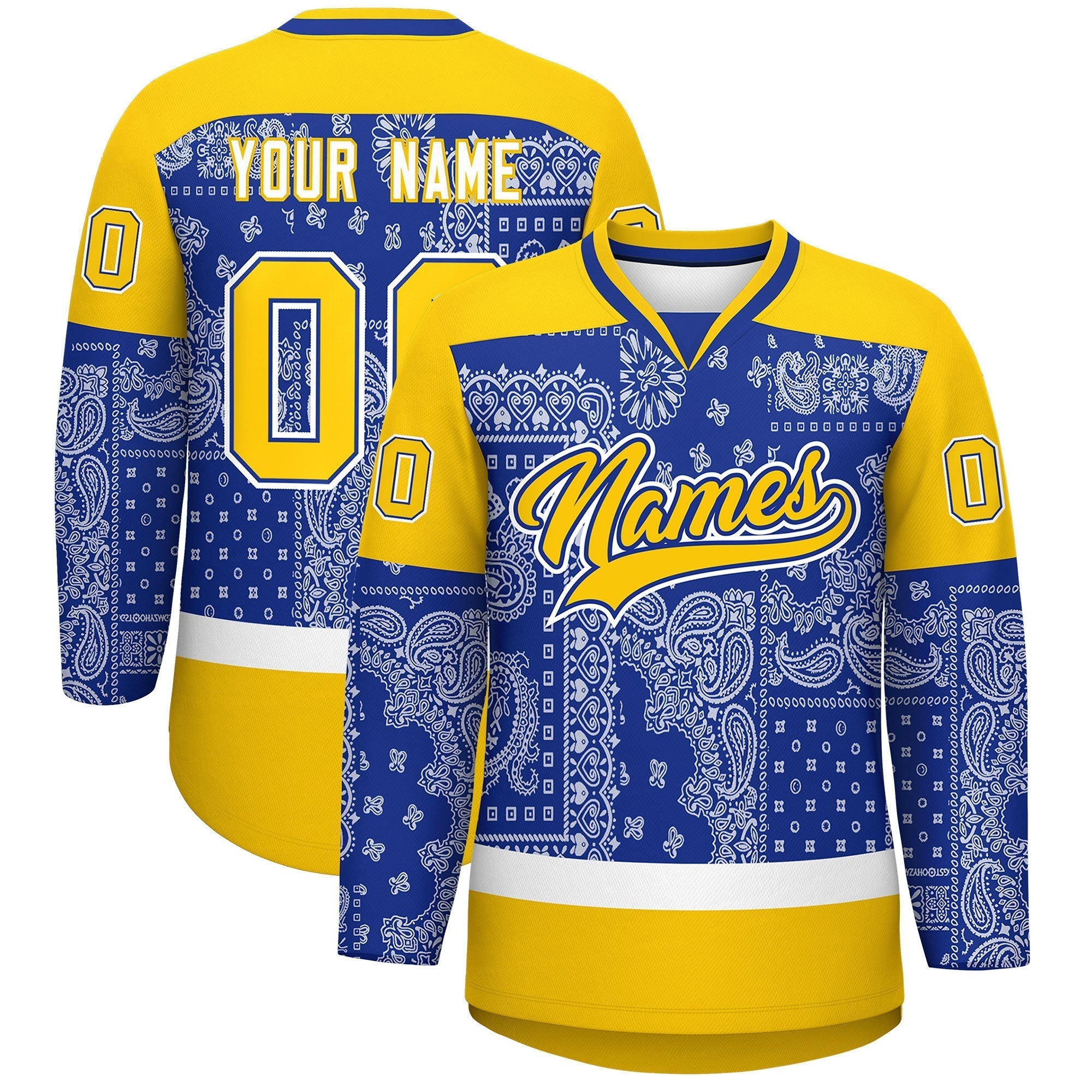 Custom Gold Royal White Cashew Flower Graffiti Pattern V-Neck Hockey Jersey