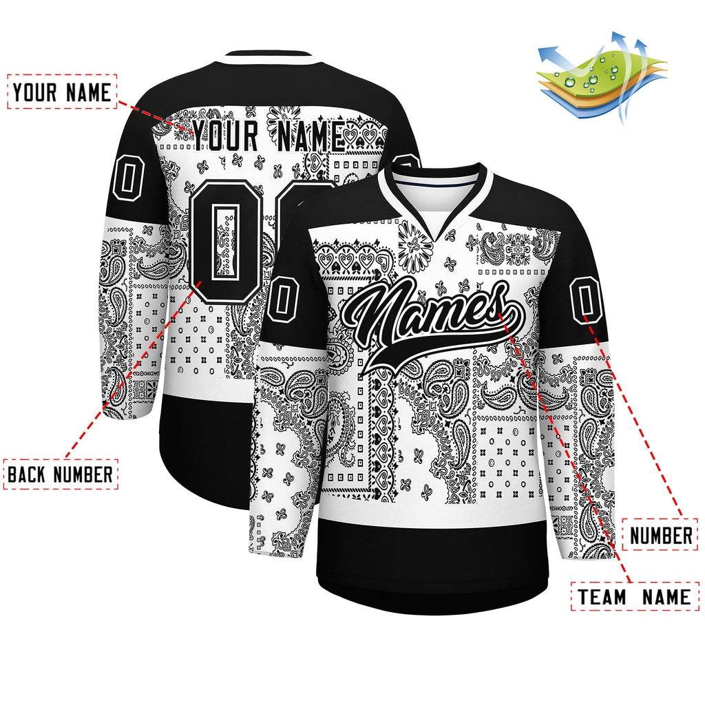 Custom Black White Cashew Flower Graffiti Pattern V-Neck Hockey Jersey