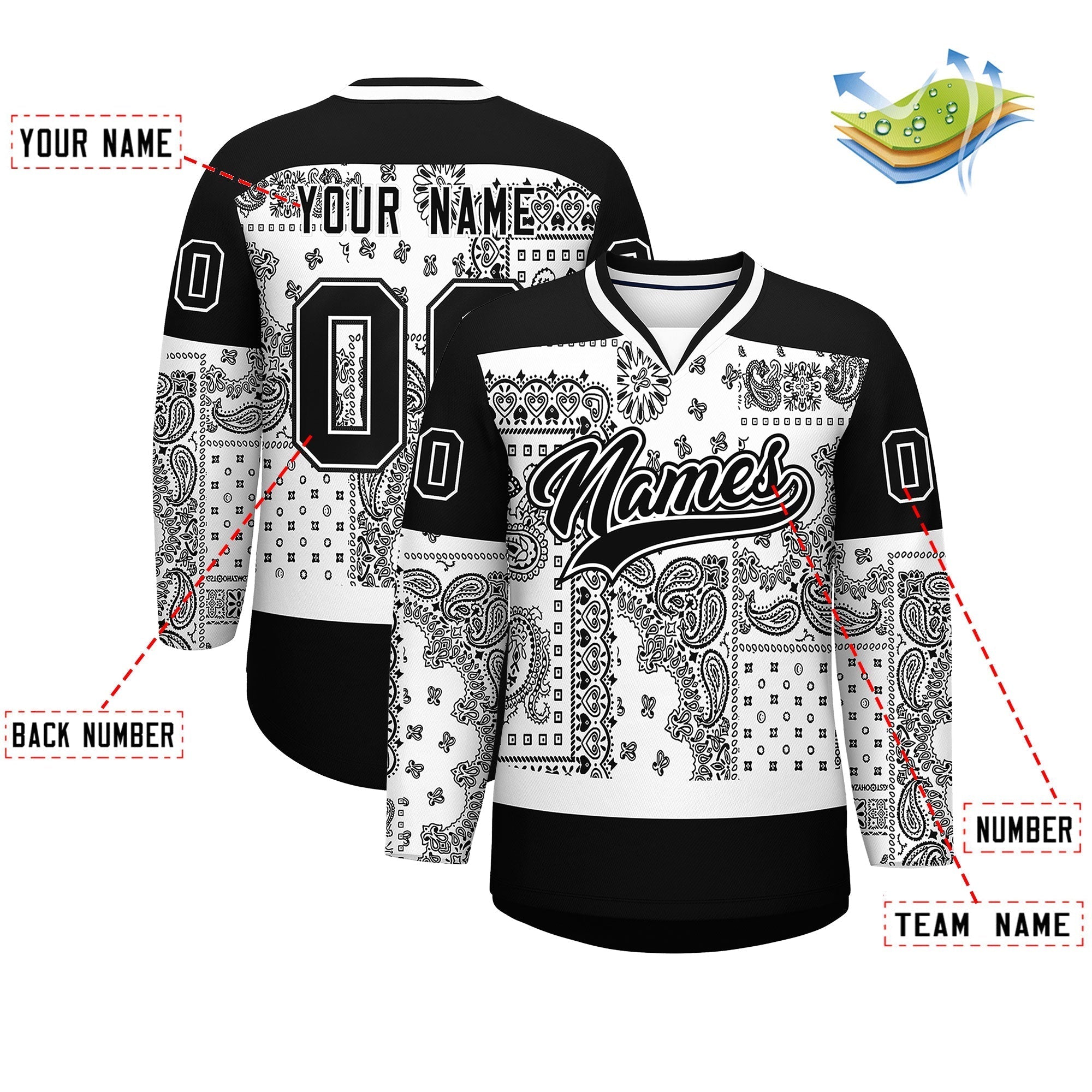 Custom Black White Cashew Flower Graffiti Pattern V-Neck Hockey Jersey