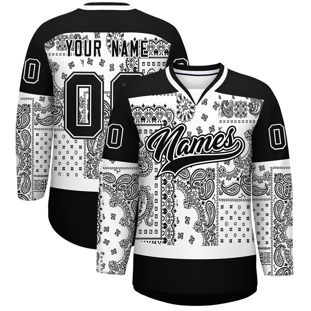 Custom Black White Cashew Flower Graffiti Pattern V-Neck Hockey Jersey