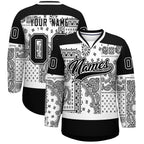 Custom Black White Cashew Flower Graffiti Pattern V-Neck Hockey Jersey