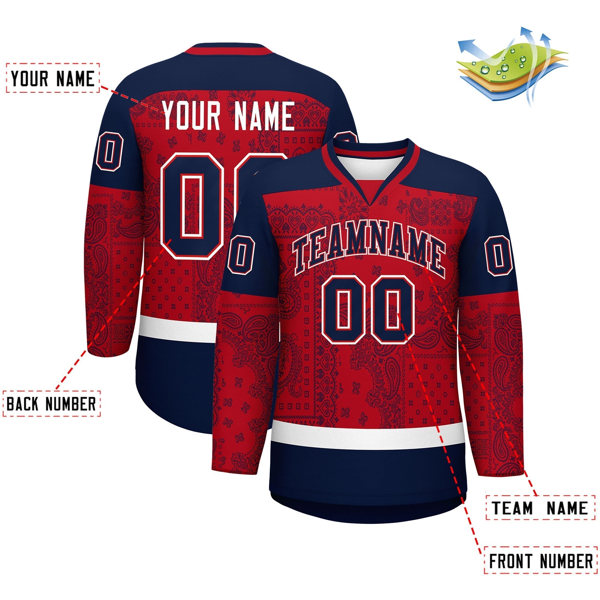 Custom Navy Red White Cashew Flower Graffiti Pattern V-Neck Hockey Jersey