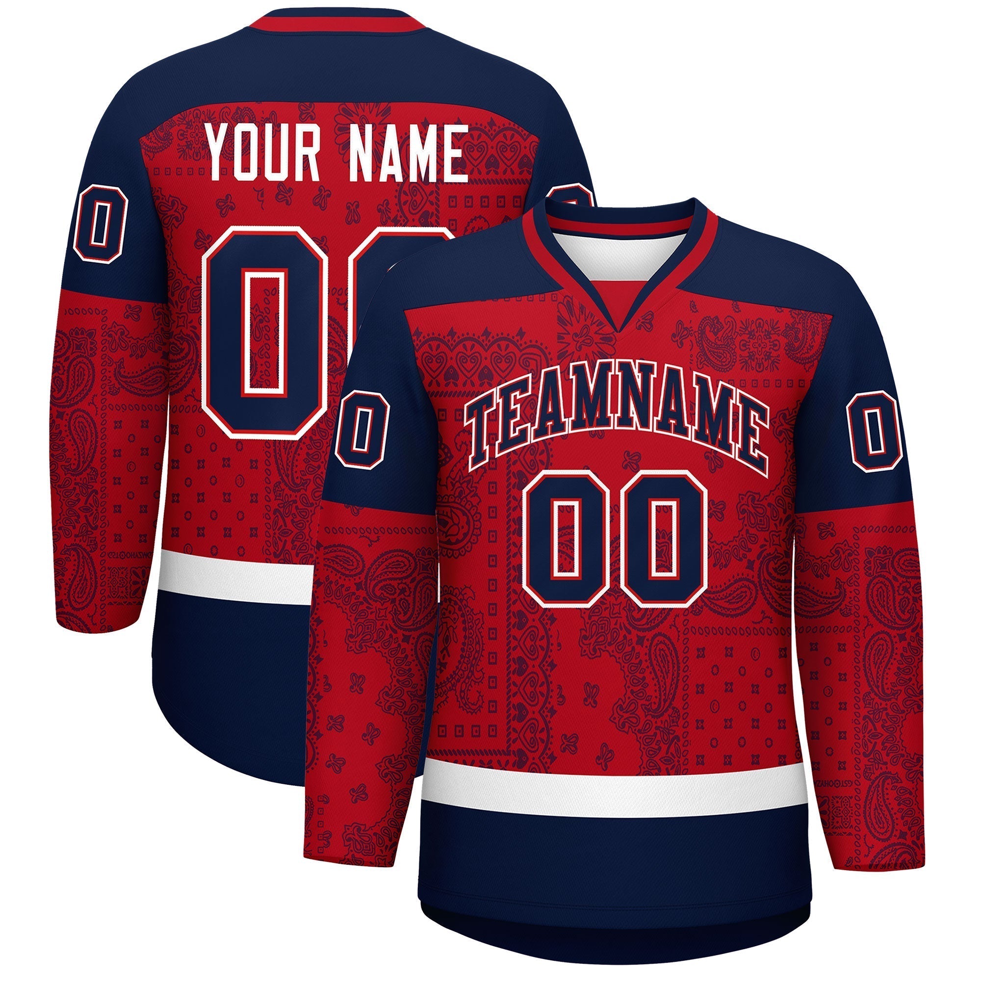 Custom Navy Red White Cashew Flower Graffiti Pattern V-Neck Hockey Jersey