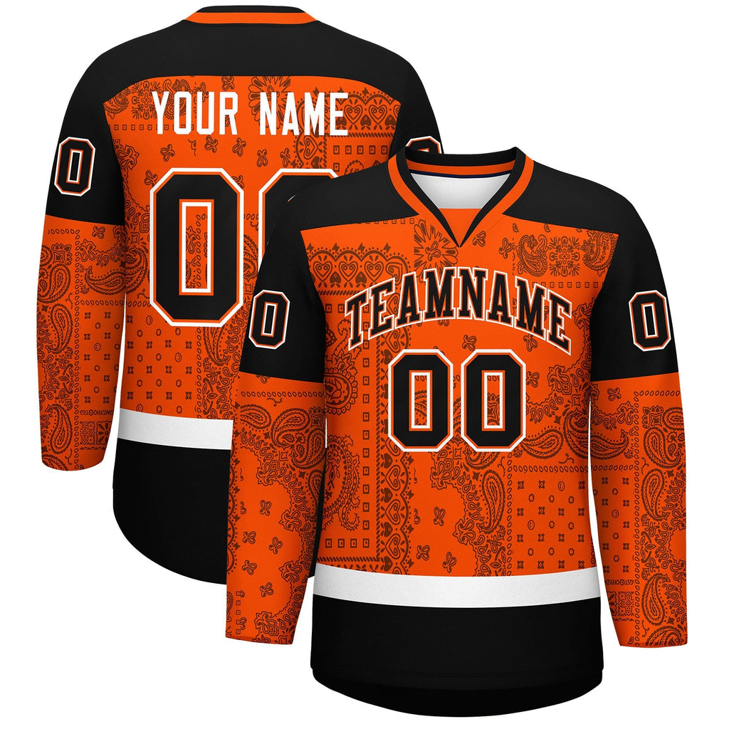 Custom Orange Black White Cashew Flower Graffiti Pattern V-Neck Hockey Jersey