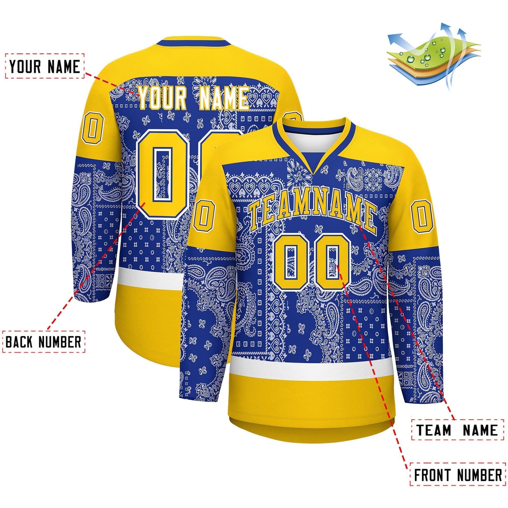 Custom Gold Royal White Cashew Flower Graffiti Pattern V-Neck Hockey Jersey