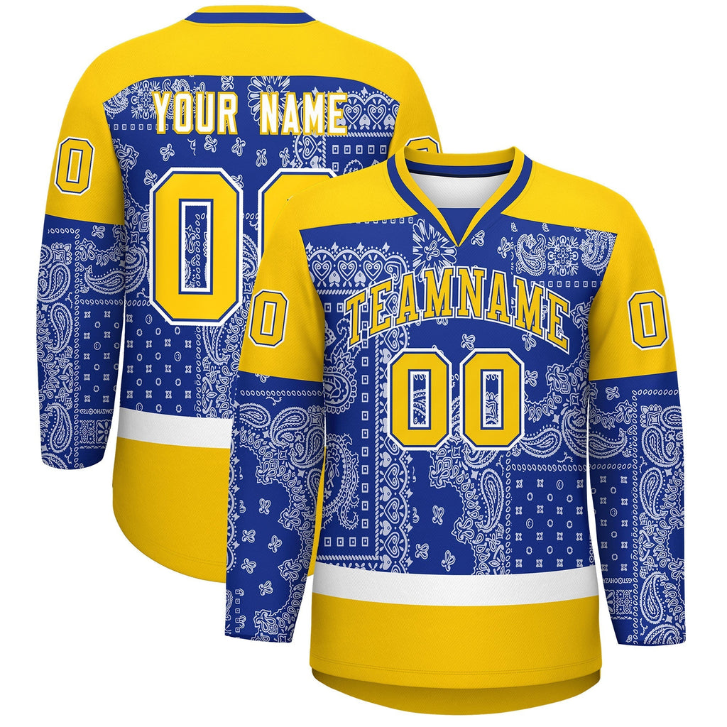 Custom Gold Royal White Cashew Flower Graffiti Pattern V-Neck Hockey Jersey