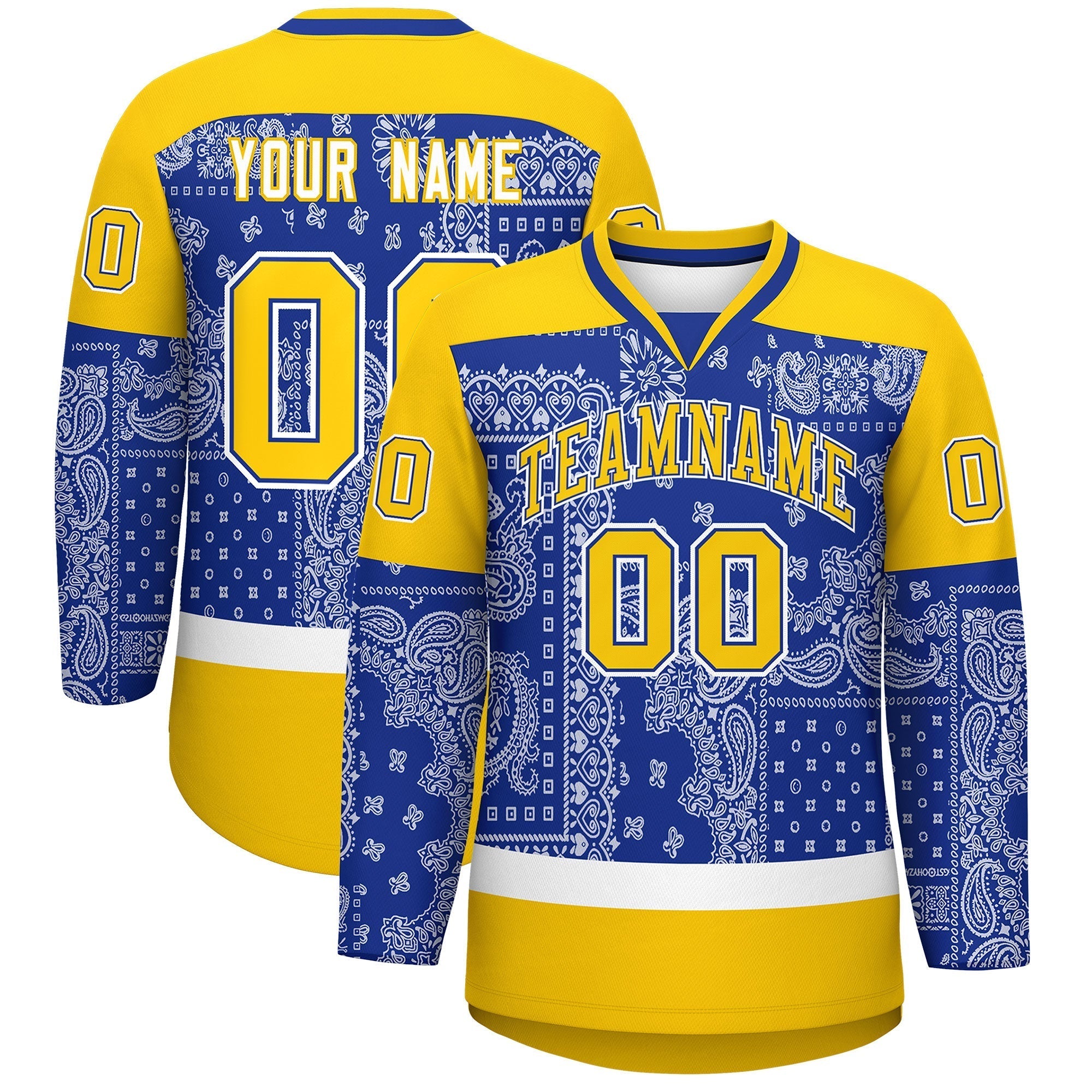 Custom Gold Royal White Cashew Flower Graffiti Pattern V-Neck Hockey Jersey