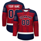 Custom Navy Red White Cashew Flower Graffiti Pattern V-Neck Hockey Jersey