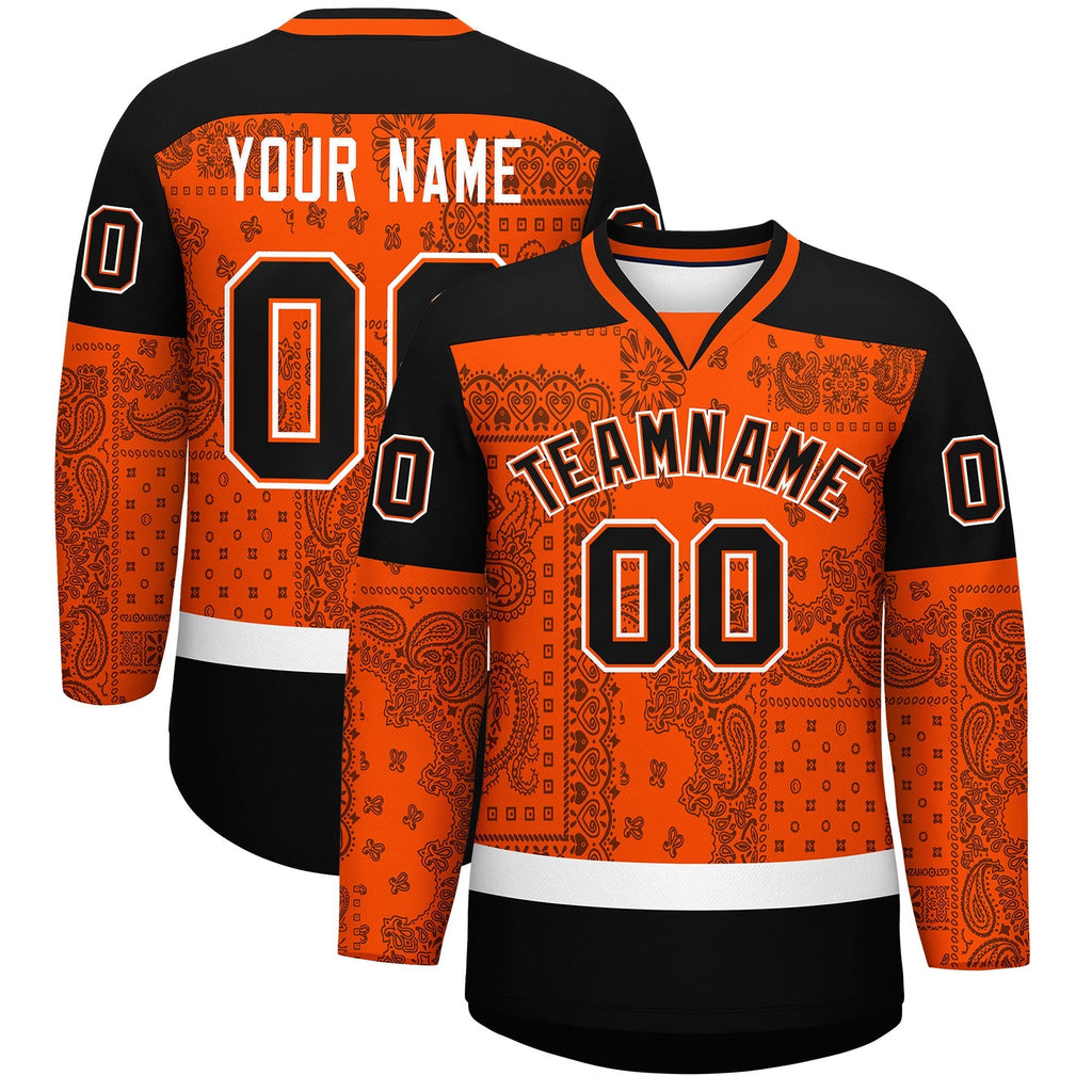 Custom Orange Black White Cashew Flower Graffiti Pattern V-Neck Hockey Jersey
