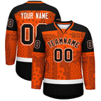 Custom Orange Black White Cashew Flower Graffiti Pattern V-Neck Hockey Jersey