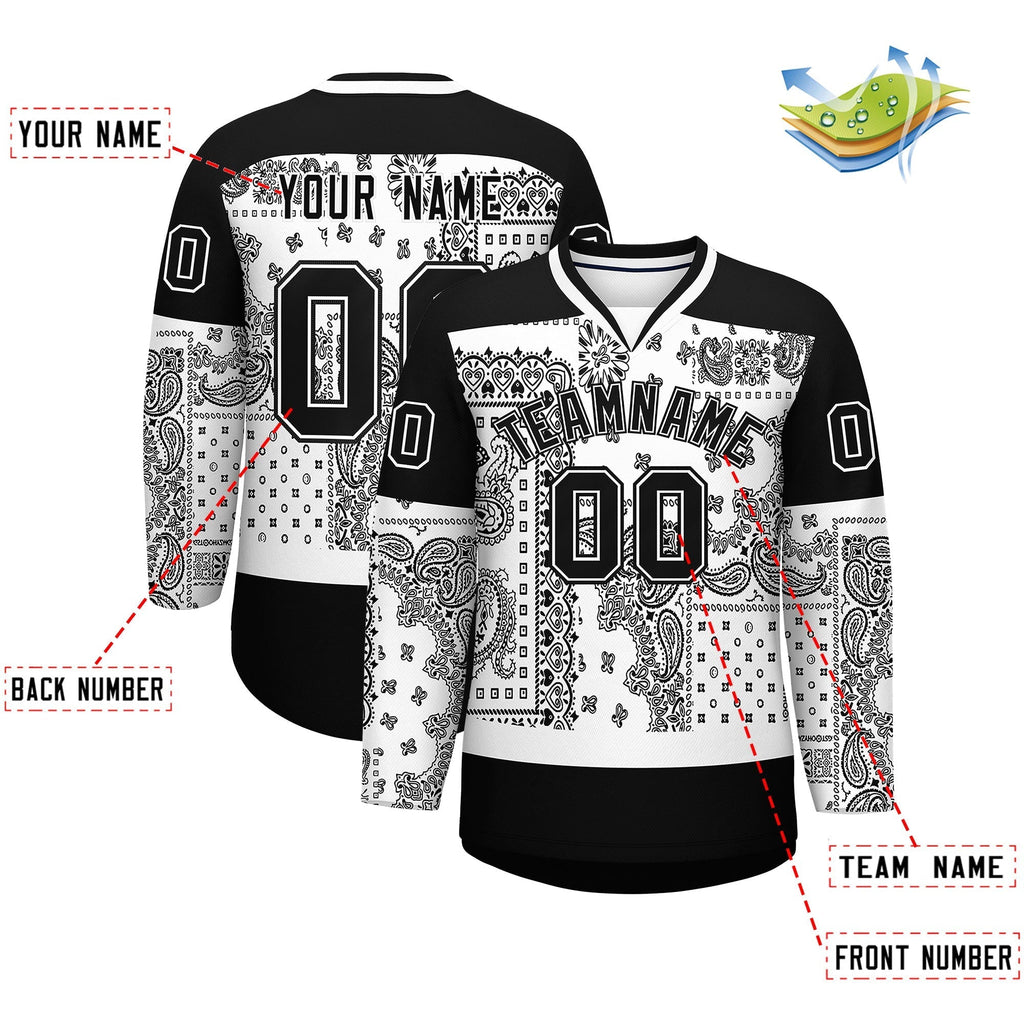 Custom Black White Cashew Flower Graffiti Pattern V-Neck Hockey Jersey