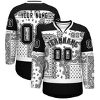 Custom Black White Cashew Flower Graffiti Pattern V-Neck Hockey Jersey