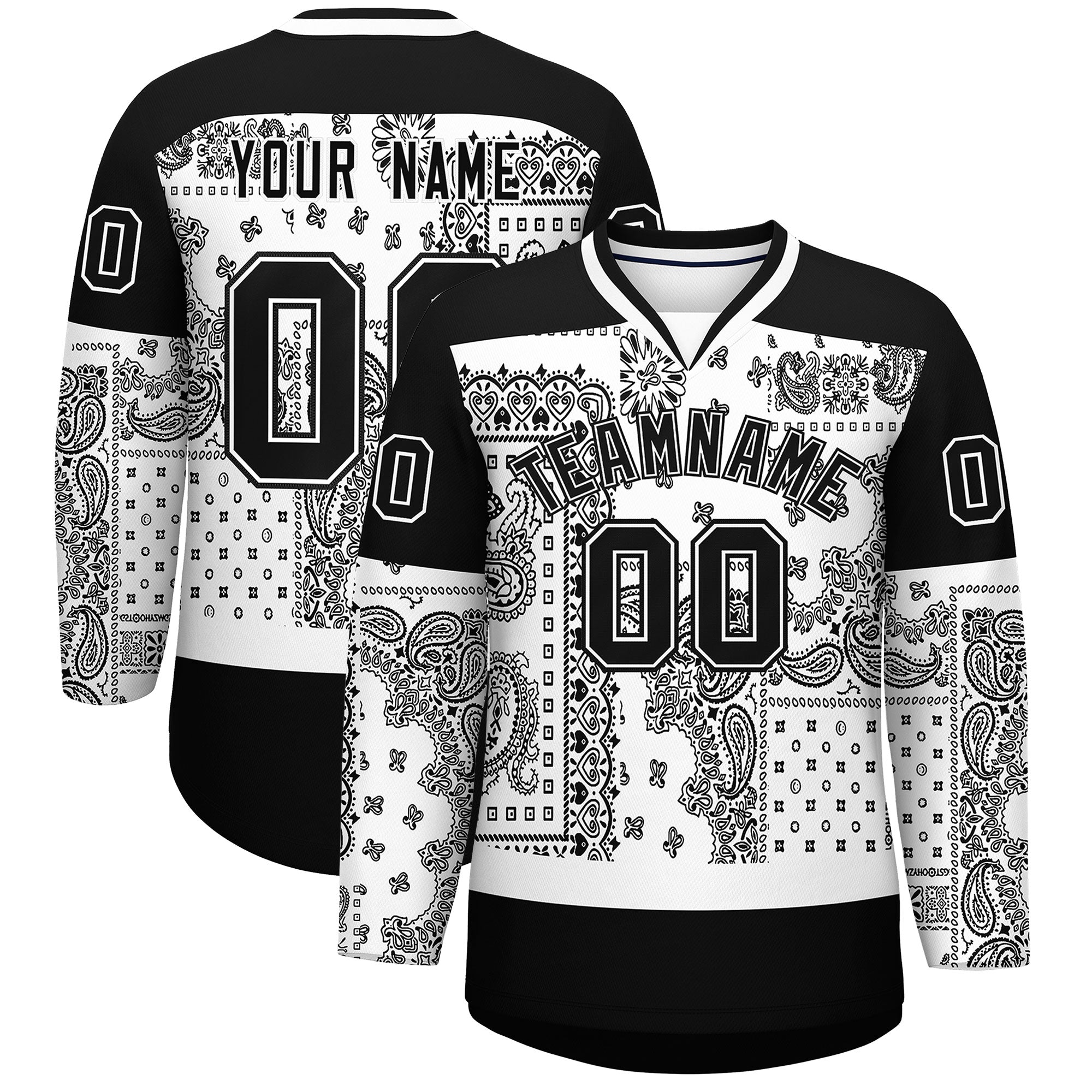 Custom Black White Cashew Flower Graffiti Pattern V-Neck Hockey Jersey