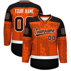 Custom Orange Black White Cashew Flower Graffiti Pattern V-Neck Hockey Jersey