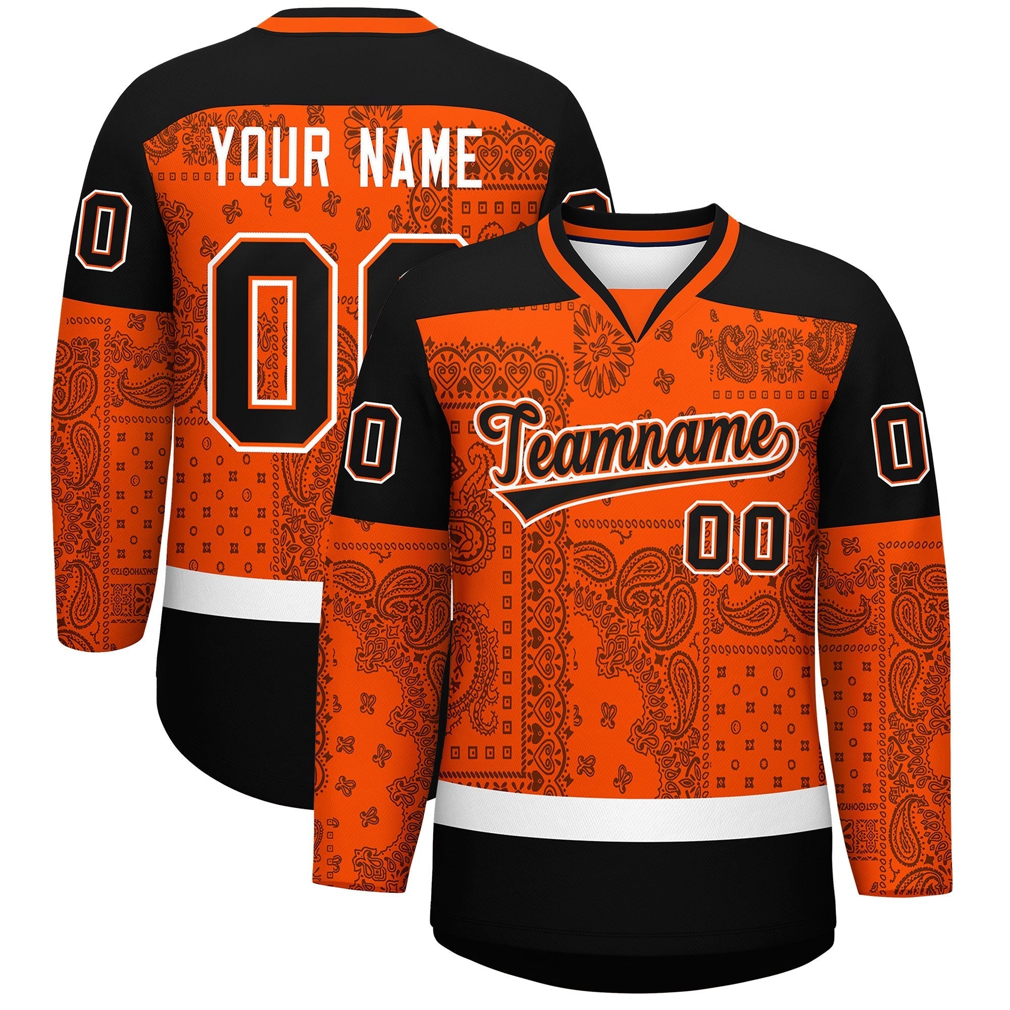 Custom Orange Black White Cashew Flower Graffiti Pattern V-Neck Hockey Jersey