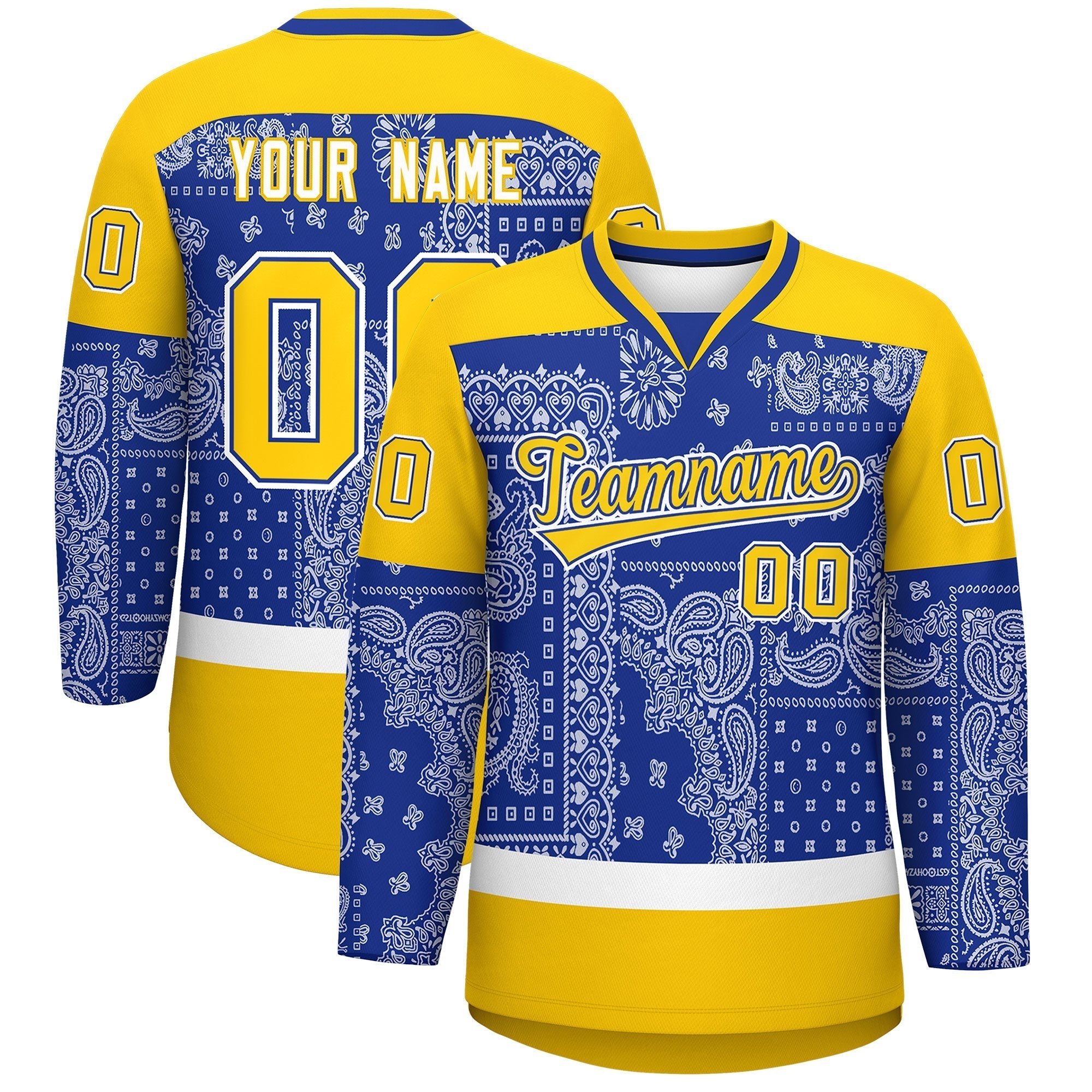 Custom Gold Royal White Cashew Flower Graffiti Pattern V-Neck Hockey Jersey
