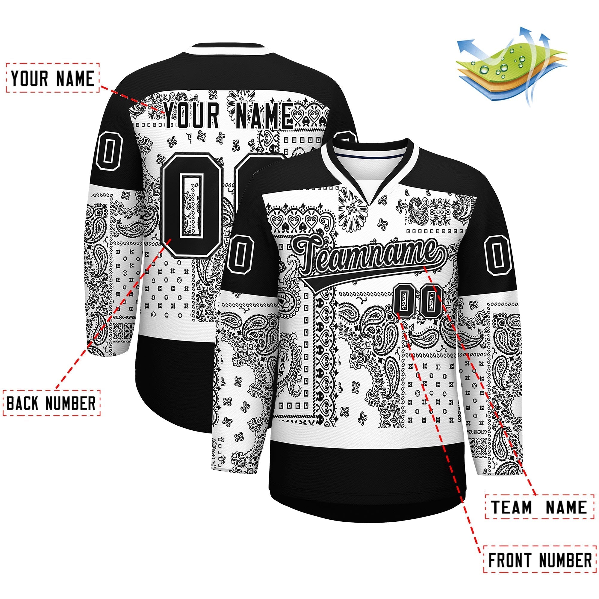 Custom Black White Cashew Flower Graffiti Pattern V-Neck Hockey Jersey