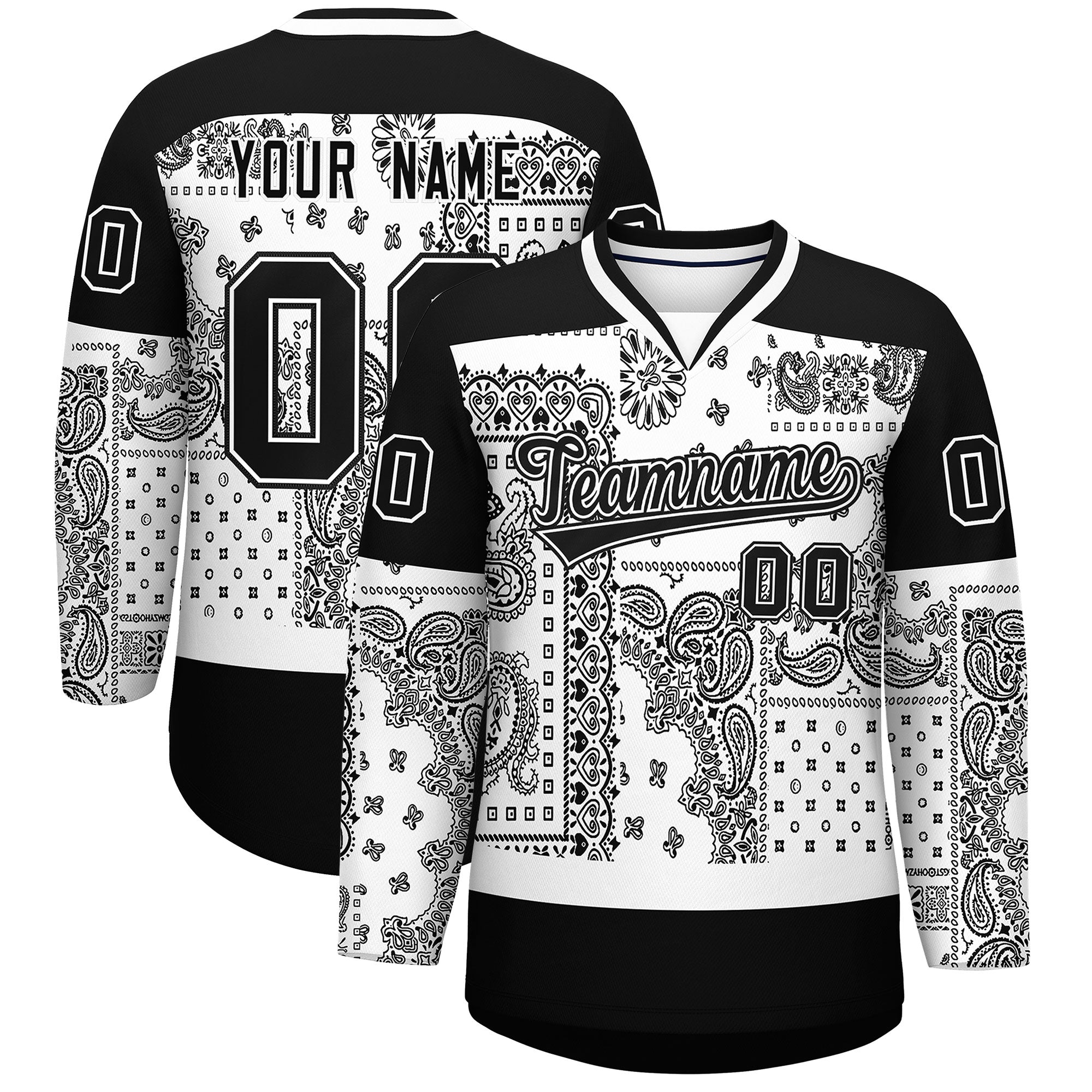 Custom Black White Cashew Flower Graffiti Pattern V-Neck Hockey Jersey
