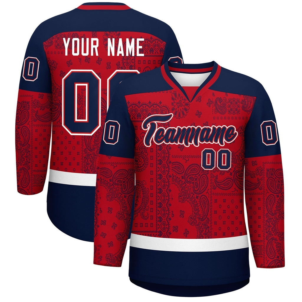 Custom Navy Red White Cashew Flower Graffiti Pattern V-Neck Hockey Jersey